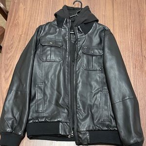 Obey Propaganda Men’s Leather Bomber Hoodie Jacket